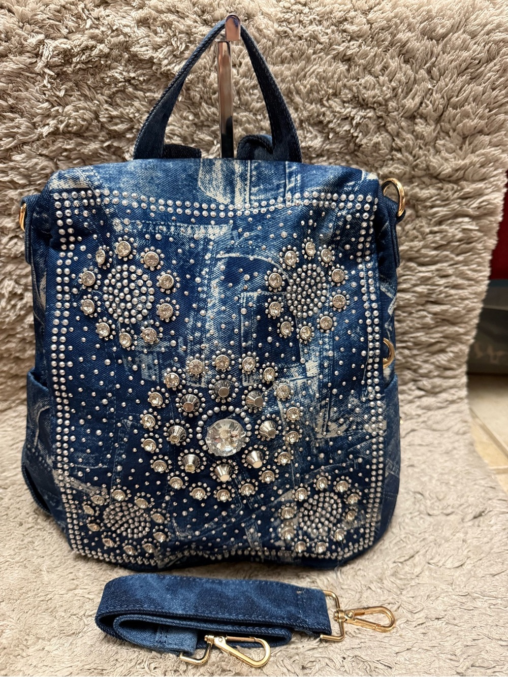 Embellished Denim Backpack in Blue with Crystal Details